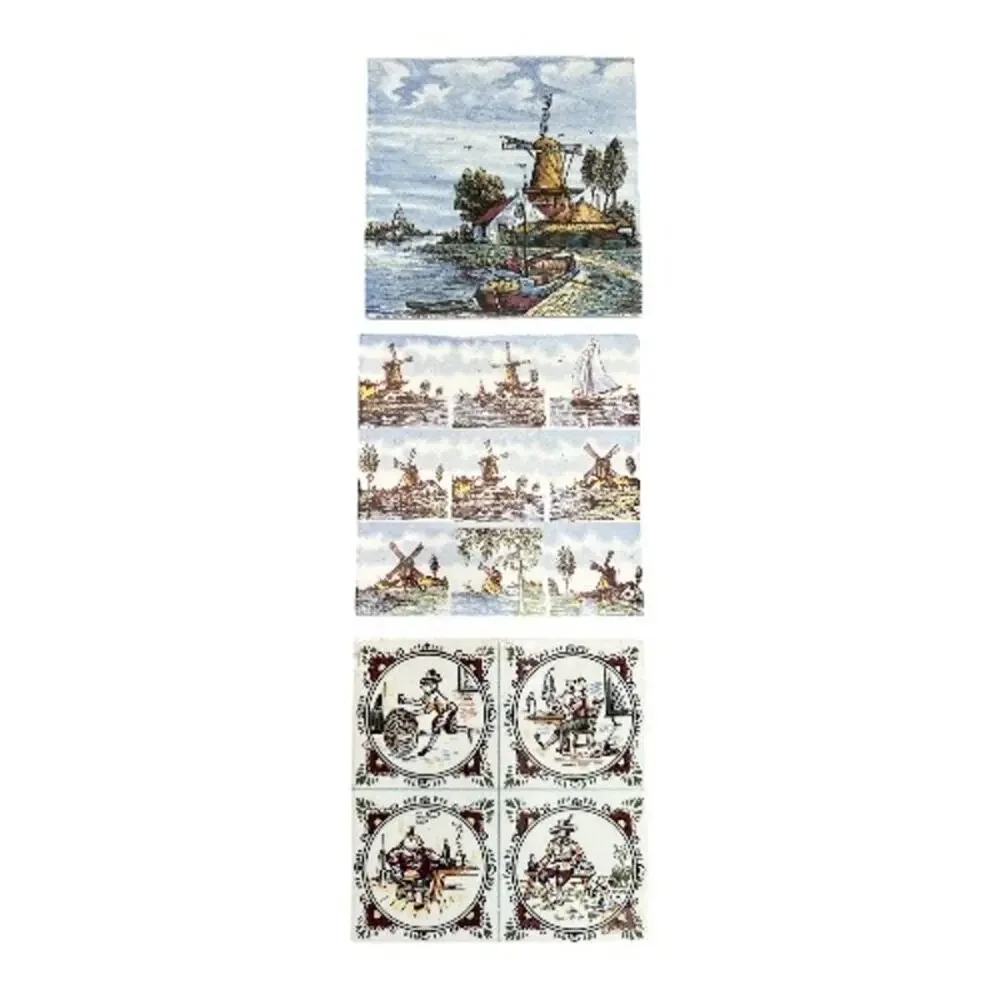 Set of 3 Vintage Delft Hand Painted Unique Colorful 6” Ceramic Tiles